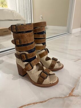 freebird Brown and Cream Strappy Buckle Heeled Boots